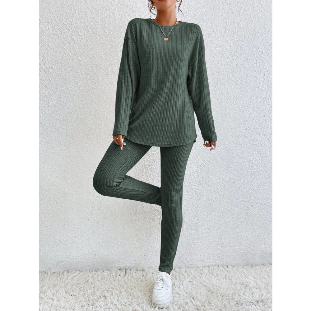 2 piece set long sleeve Tee & knit Leggings boho casual cream - Picture 6 of 11